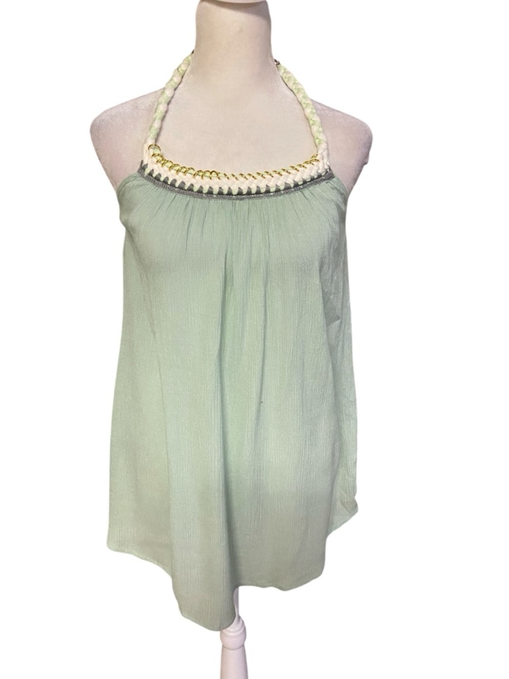 Griffin Paris halter tunic Size M braided neckline gold chain accent Pistachio - Picture 9 of 13
